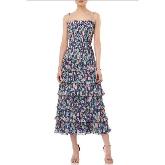 Amur Gown Womens 6 Blue Floral Dress Ruched Tiered Lined Spaghetti Strap